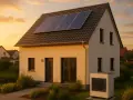 Ein modernes Haus mit Solaranlagen auf dem Dach und einer Wärmepumpe erfüllt die Effizienzhaus 55 Anforderungen.