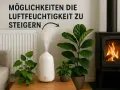 Luftbefeuchter gibt Dampf ab, um die **Luftfeuchtigkeit zu niedrig** zu bekämpfen. Daneben stehen Pflanzen und ein Kamin.