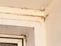 Ecken eines weißen Fensterrahmens mit dunklen Flecken, die auf **roten Schimmel** hindeuten. Feuchtigkeit hat sich hier festgesetzt.