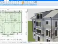 Grundriss eines Hauses mit Maßen und 3D-Ansicht. Die Software ermöglicht die Planung und Berechnung von innenputz kosten.