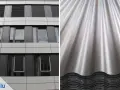 Moderne Fassade mit Fenstern und Rollläden links, rechts eine Nahaufnahme von glänzenden, gewellten Eternitplatten, die zum Streichen bereit sind.
