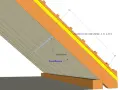 Detailansicht einer Dachkonstruktion. Eine Dampfbremse aus OSB-Platten wird mit Klebeband befestigt, um Feuchtigkeit im Dach zu regulieren.