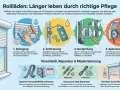 Illustrationen zeigen, wie man einen Rollladen reinigt, schmiert, den Gurt prüft und die Spannung einstellt, um den Rollladen zu reparieren und seine Lebensdauer zu verlängern.