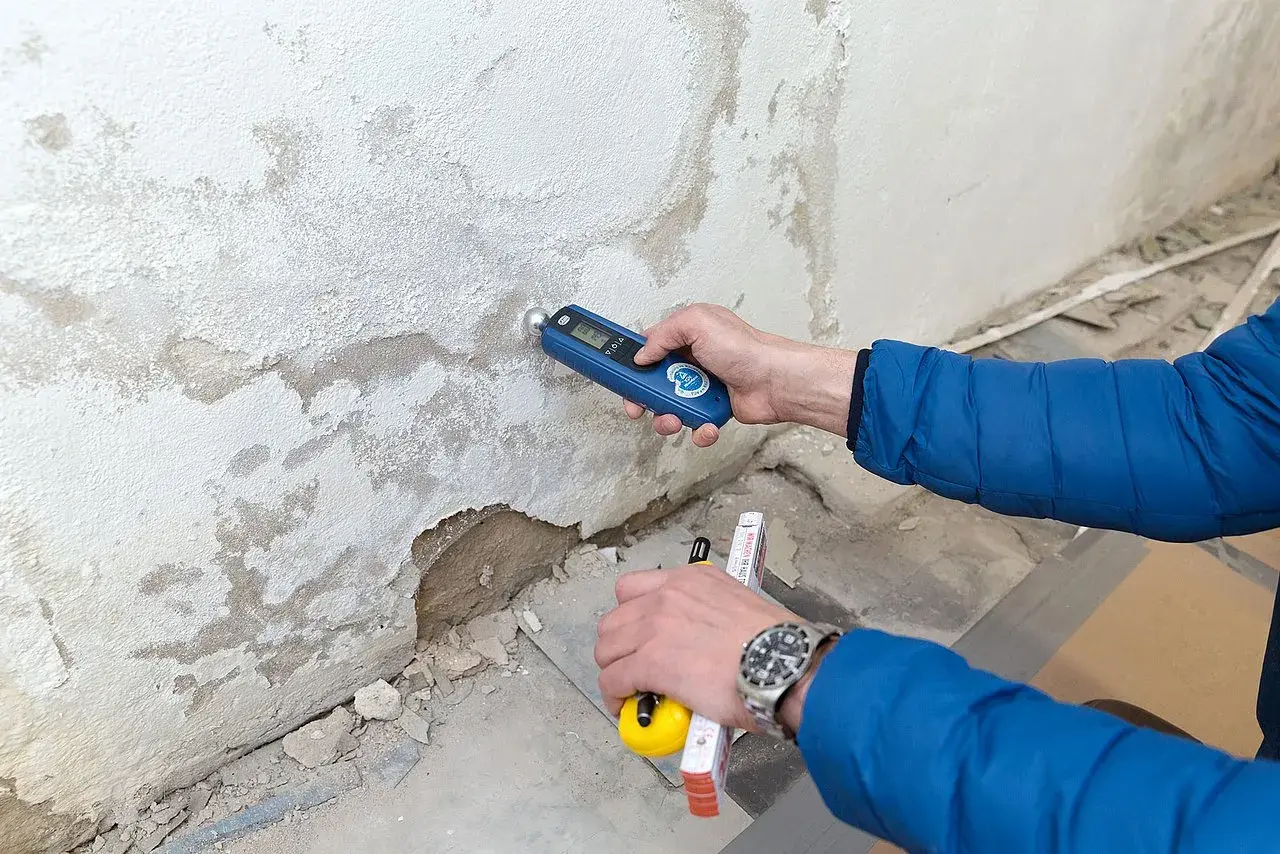 Feuchtemessung an einer Wand. Die isotec Kosten pro qm für eine Sanierung hängen vom Ausmaß des Schadens ab.