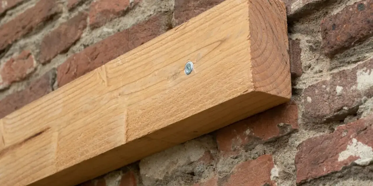 Ein Holzbalken wird mit einer Schraube an einer Ziegelwand befestigt.
