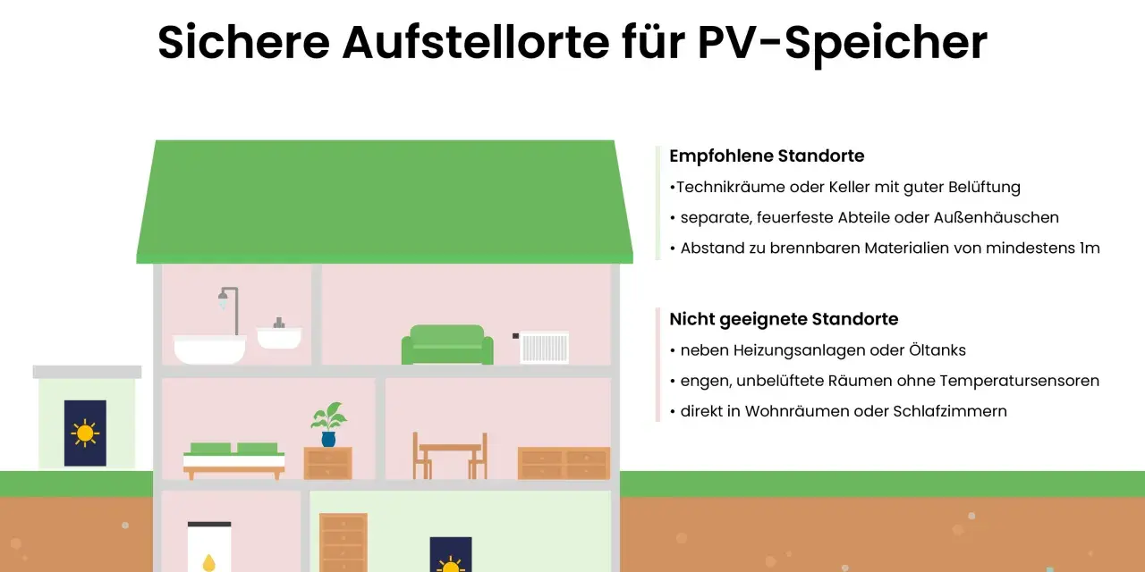 Illustration zeigt sichere Aufstellorte für PV-Speicher, mit Fokus auf Brandschutz. Technikräume, Keller mit guter Belüftung sind empfohlen.