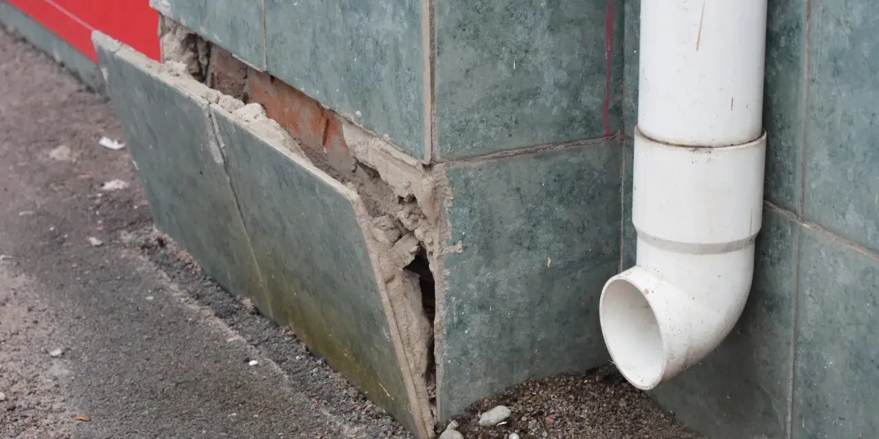 Beschädigte Sockelabdichtung am Haus. Fliesen lösen sich, darunter Ziegelmauerwerk. Ein Fallrohr leitet Wasser ab.