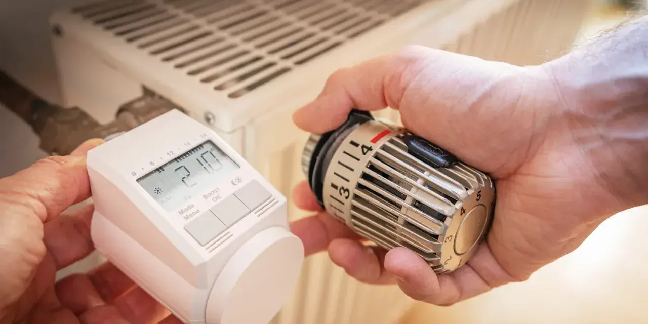 Hände tauschen ein sehr altes Thermostat gegen ein modernes Gerät an einem Heizkörper.