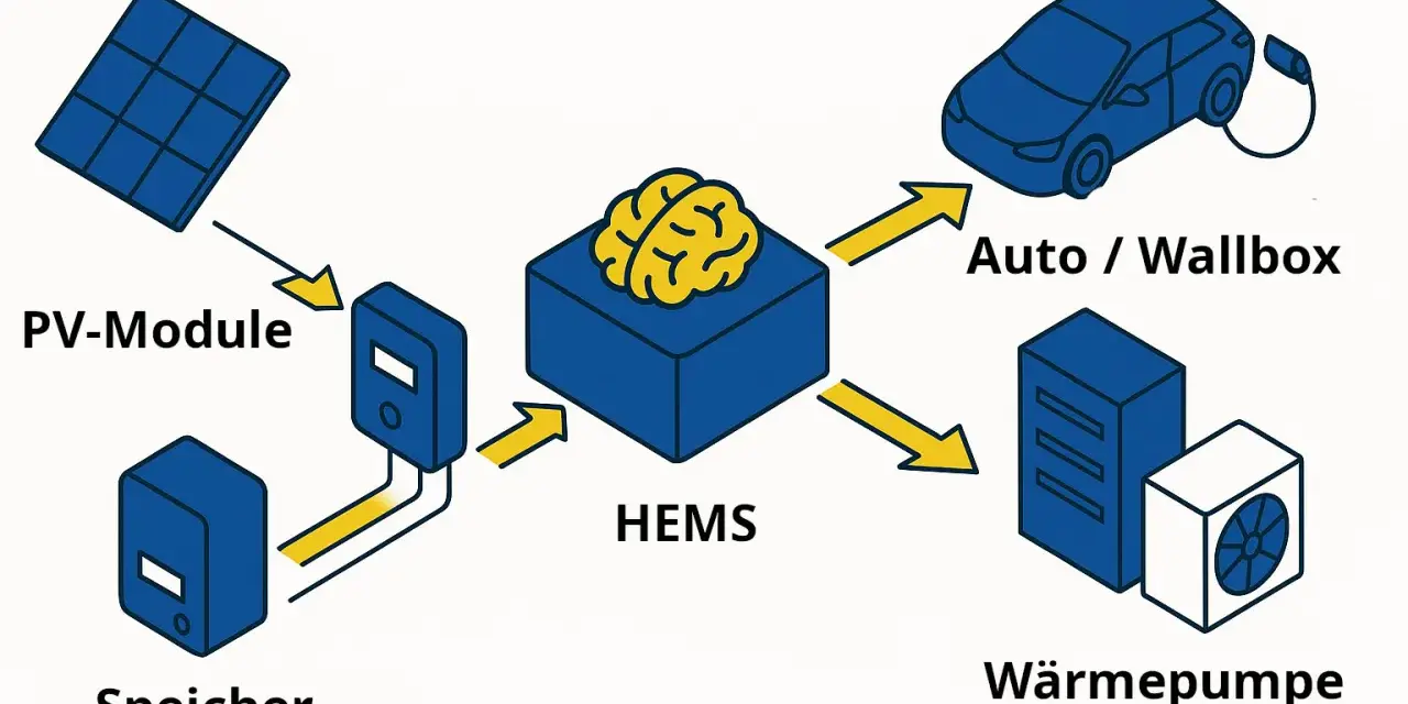 Schema eines HEMS: PV-Module, Speicher, Auto/Wallbox und Wärmepumpe sind mit einem zentralen HEMS verbunden, das Energieflüsse steuert.