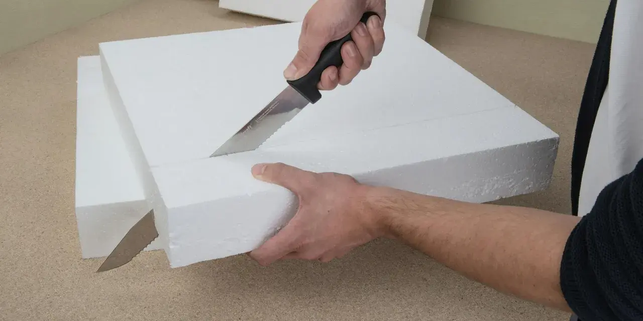 Hände schneiden mit einem Messer präzise Styropor für ein Bastelprojekt.