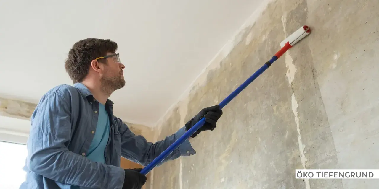 Mann mit Schutzbrille trägt mit langem Stiel und Rolle Öko Tiefengrund auf eine rohe Wand auf.