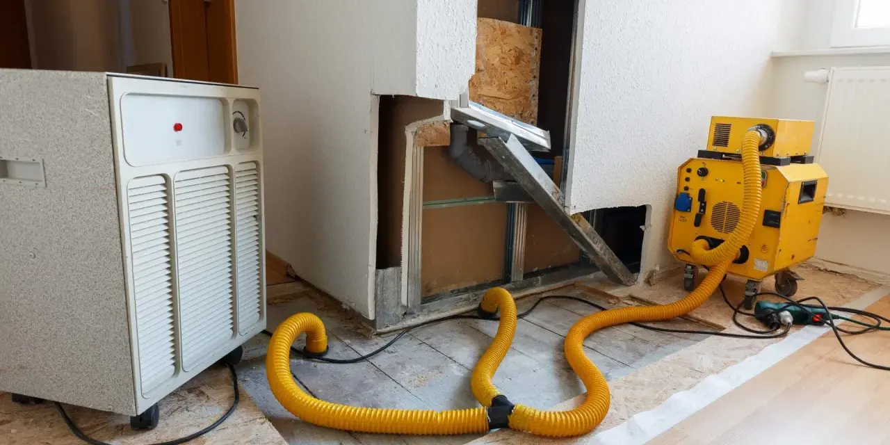 Geräte für technische Trocknung im Einsatz: Ein großer weißer Luftentfeuchter und ein gelbes Gerät mit gelbem Schlauch, die Feuchtigkeit aus einem beschädigten Bereich leiten.