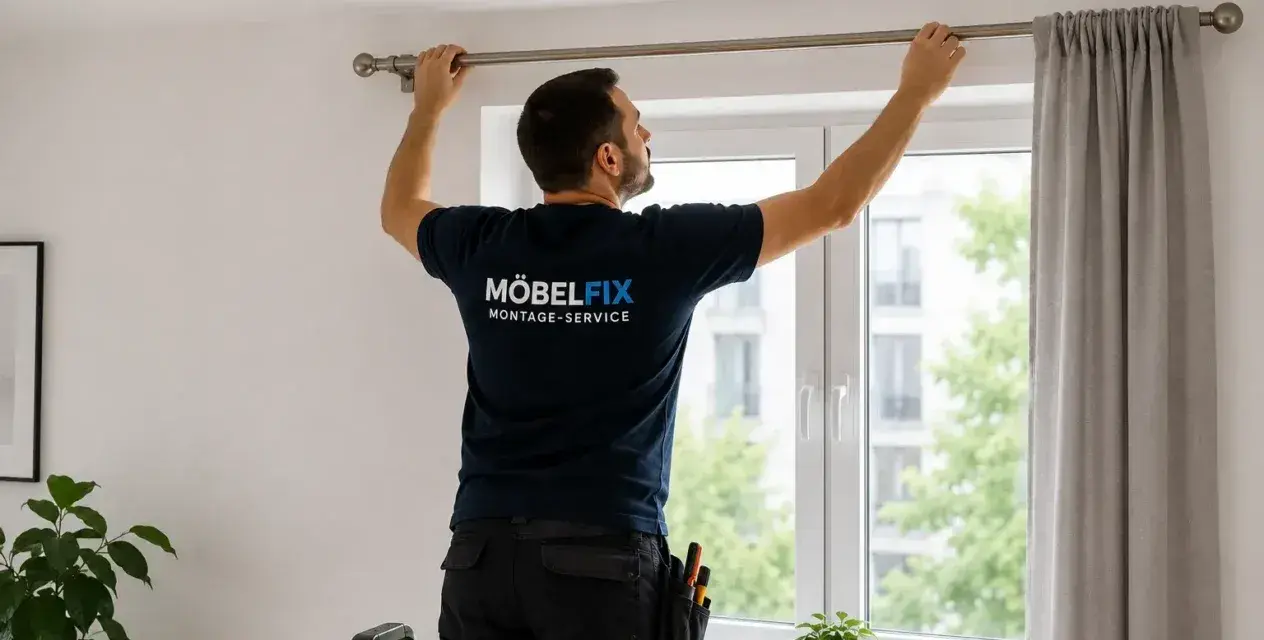 Mann bringt eine Gardinenstange an. Er steht auf einer Leiter und richtet die Stange über dem Fenster aus.
