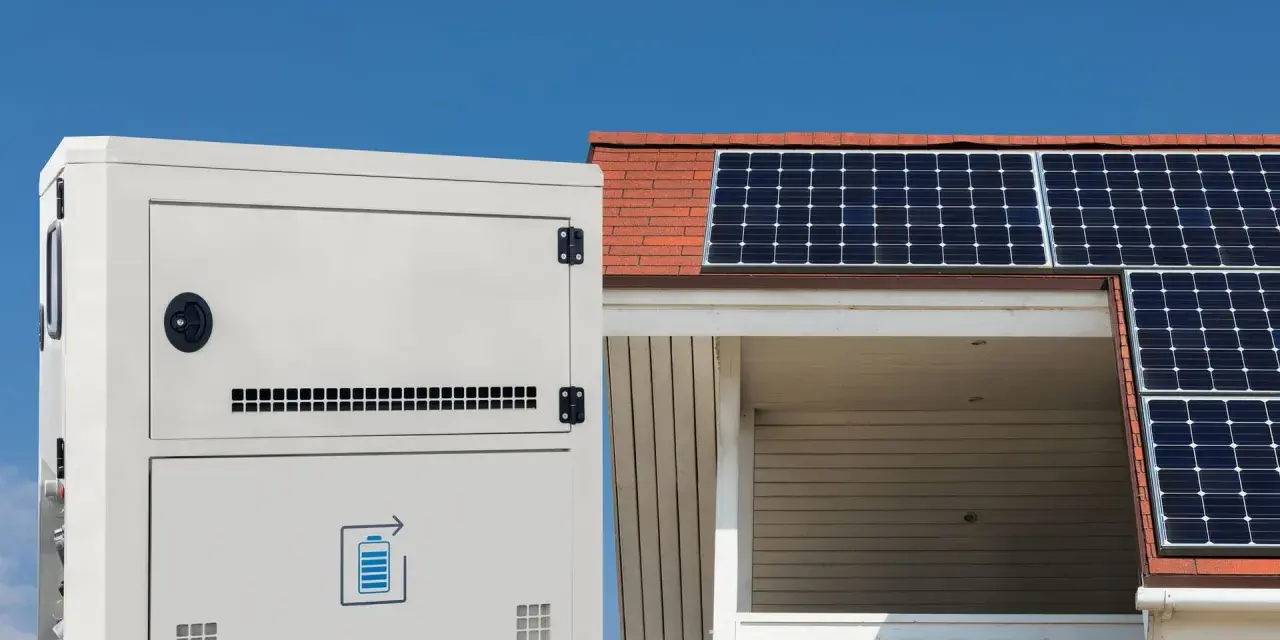 Ein weißer Solarspeicher steht neben einem Haus mit Solarmodulen auf dem Dach. Informieren Sie sich über die Solarspeicher Kosten für Ihre Energieunabhängigkeit.