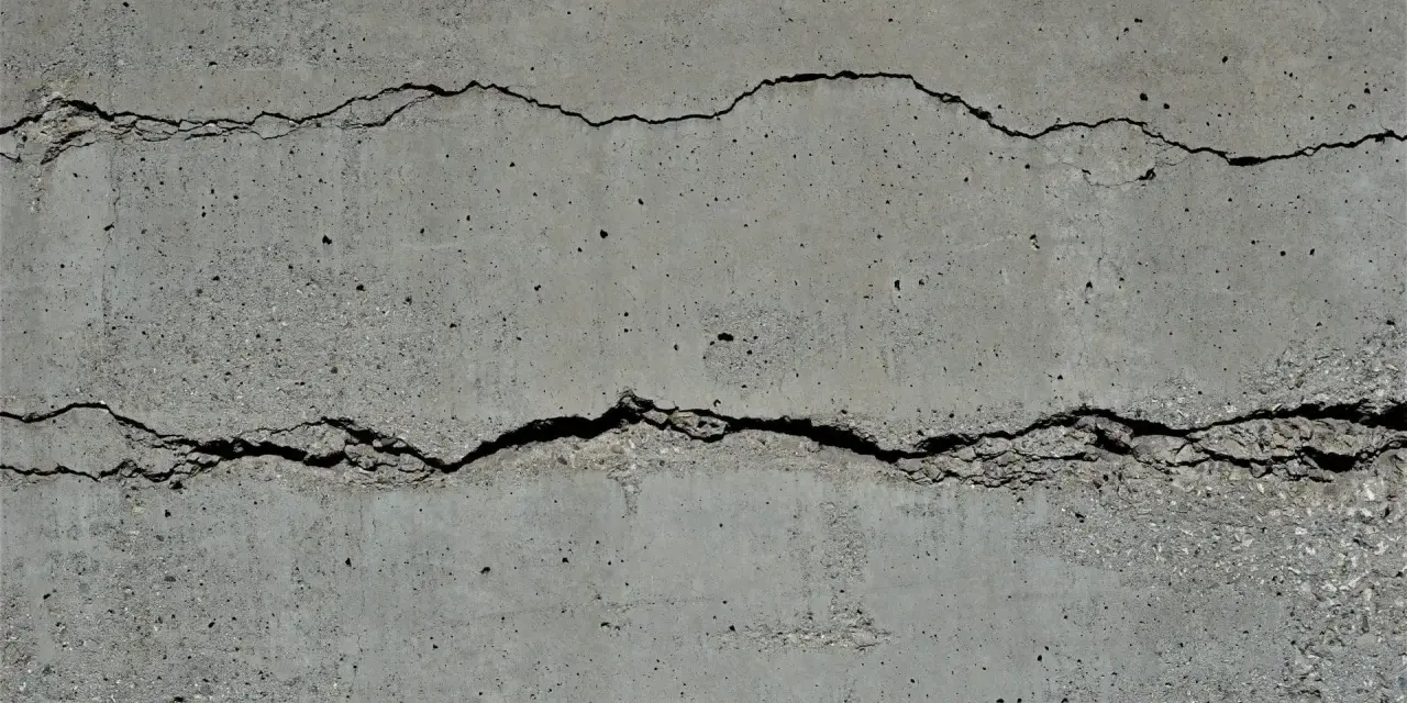 Rissige Betonfassade mit sichtbarer Armierung. Die Risse zeigen die Belastung der Struktur.