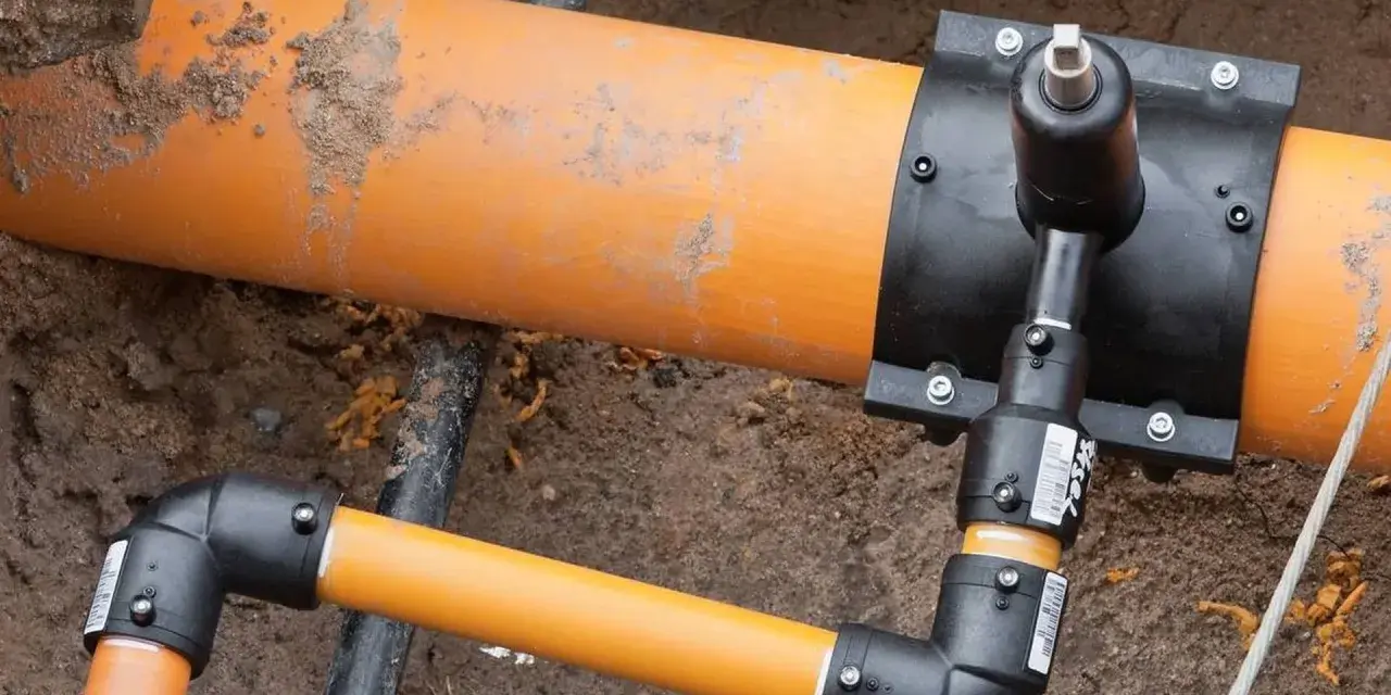 Ein orangefarbenes Rohr mit einem schwarzen Anschlussstück, das für den Gas Hausanschluss vorbereitet wird.