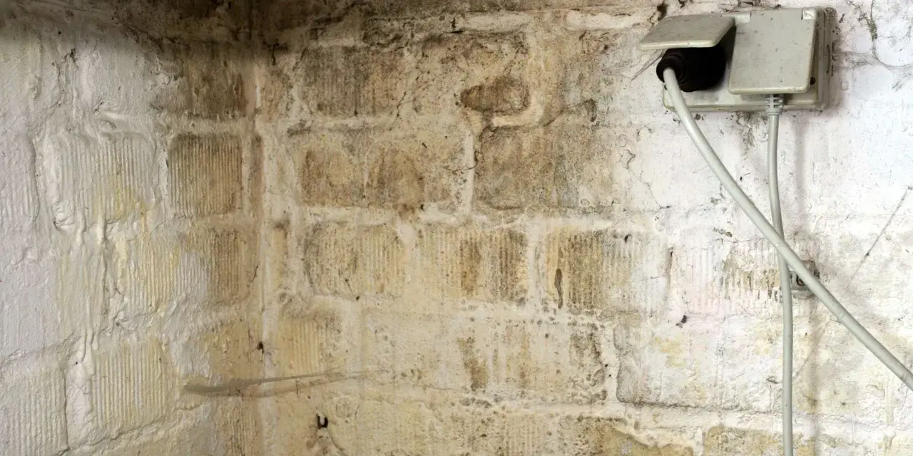 Feuchte Wände im Keller zeigen dunkle Flecken, die auf **Schimmel im Keller** hindeuten. Eine Steckdose mit Kabeln ist sichtbar.