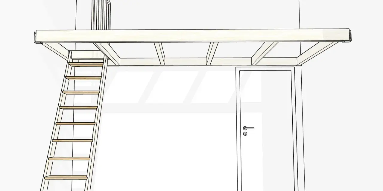 Eine Skizze zeigt, wie man ein Hochbett selber bauen kann, mit Leiter und Geländer.
