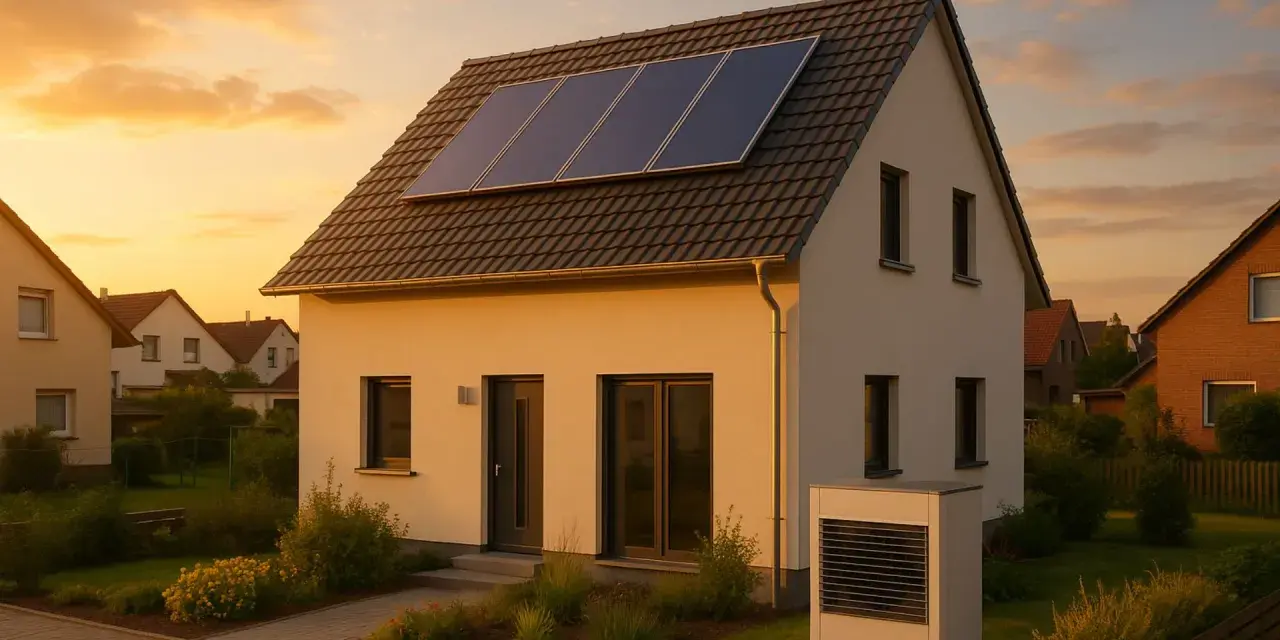 Ein modernes Haus mit Solaranlagen auf dem Dach und einer Wärmepumpe erfüllt die Effizienzhaus 55 Anforderungen.