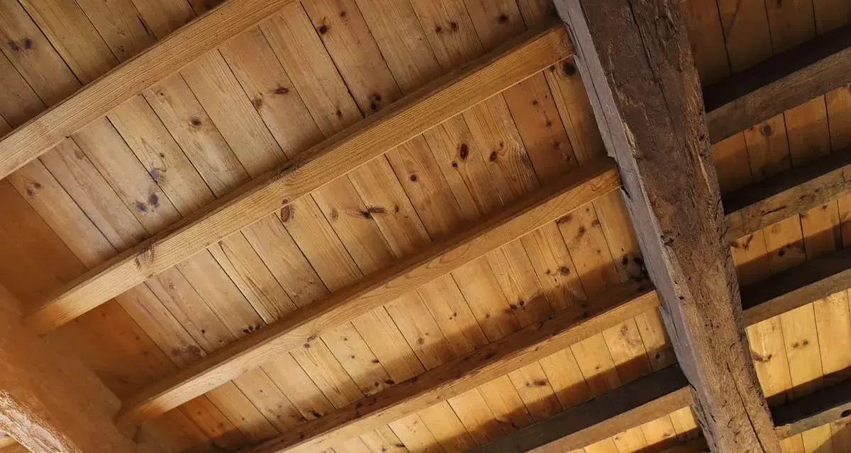 Holzbalkendecke sanieren: Alte Holzbalken und Holzbretter bilden eine rustikale Decke, die bereit für eine Sanierung ist.