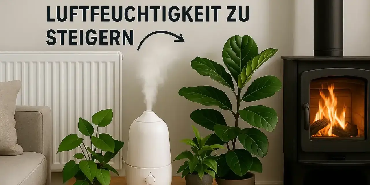 Luftbefeuchter gibt Dampf ab, um die **Luftfeuchtigkeit zu niedrig** zu bekämpfen. Daneben stehen Pflanzen und ein Kamin.