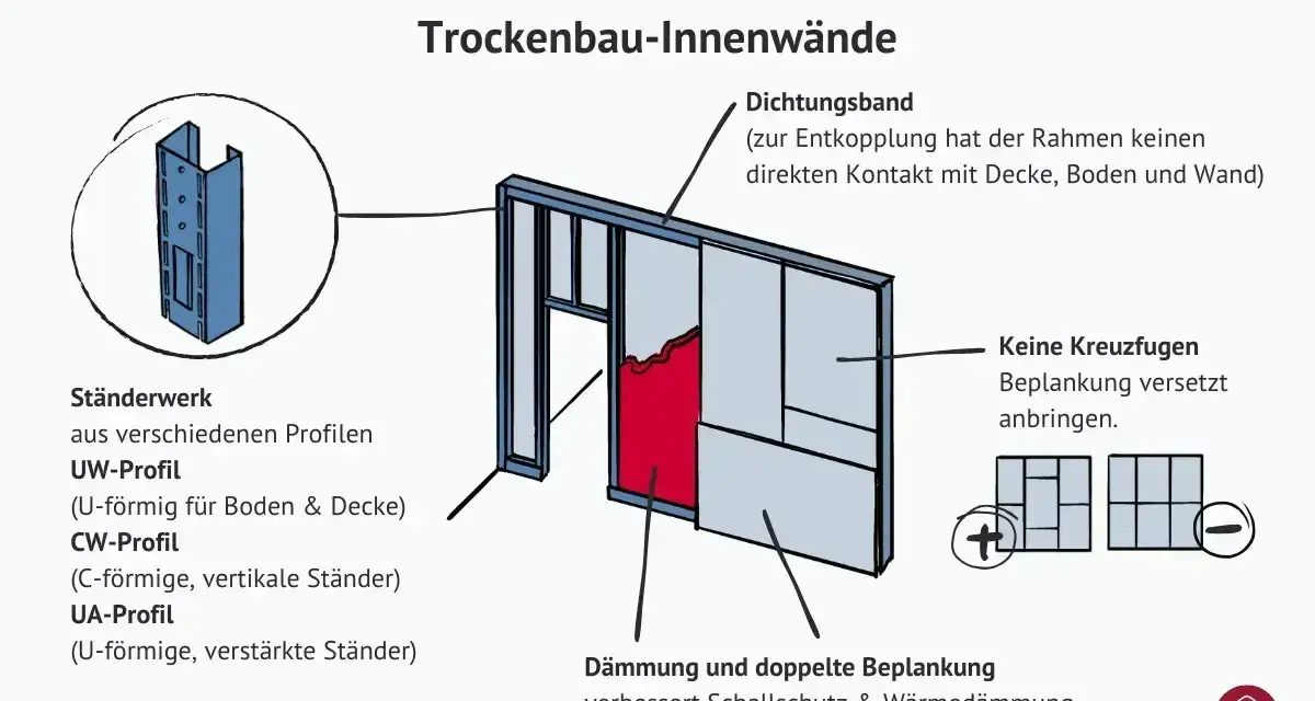 Aufbau einer Trockenbauwand mit Ständerwerk, Dämmung und doppelter Beplankung. Die Grafik zeigt Details zur Montage und erklärt, wie man die trockenbau preise pro m2 ohne material kalkuliert.