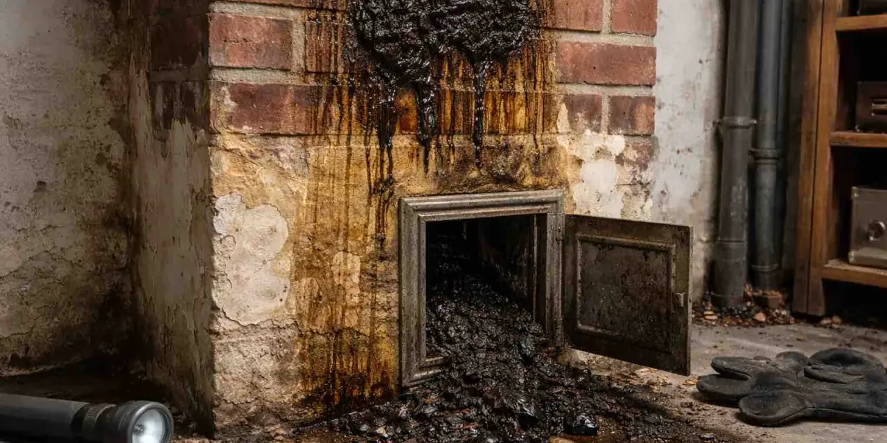 Schwarzer, klebriger Ruß tropft aus einem Kamin. Die Versottung des Kamins ist deutlich sichtbar, mit einer Klappe, die offen steht und noch mehr Ruß freigibt.