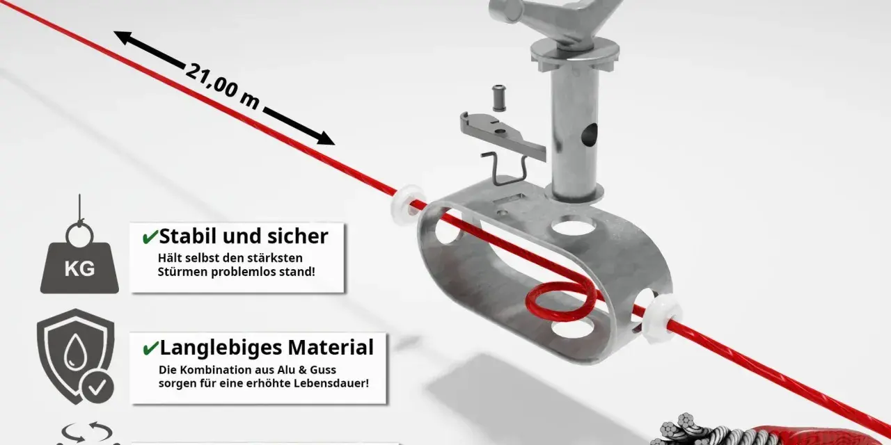 Starkes Stahlseil mit Kunststoffummantelung wird mit einem Seilspanner befestigt. 21 Meter Länge, stabil und einfach zu verwenden.