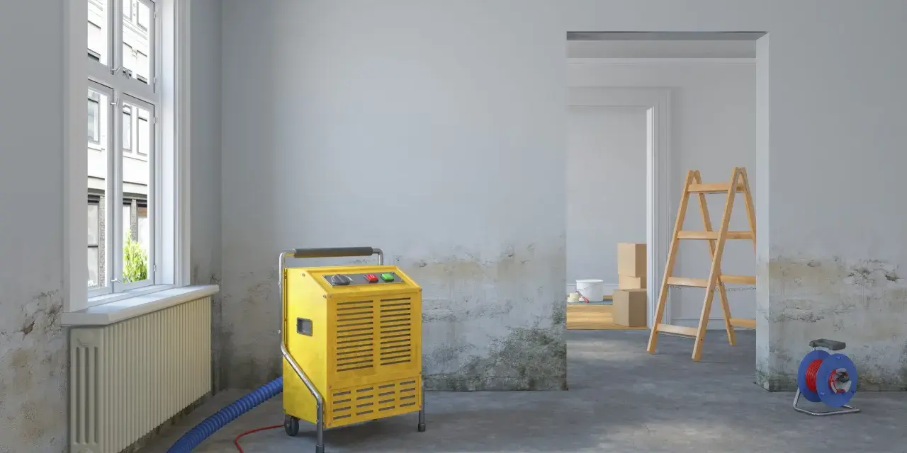 Gelber Bautrockner im Raum, Wände mit Nikotinflecken. Vorbereitung zur **Raucherwohnung renovieren**. Leiter und Kartons im Hintergrund.