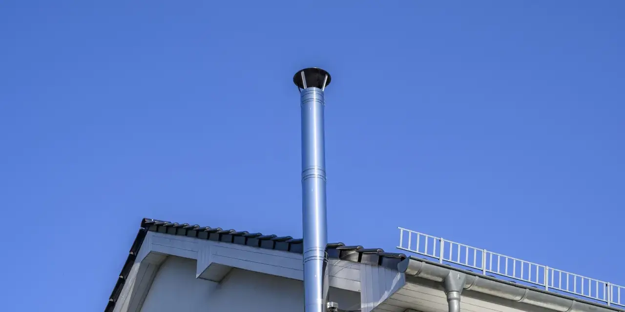 Neuer Edelstahlschornstein ragt in den blauen Himmel. Beim Schornstein bauen Vorschriften beachten für Sicherheit und Effizienz.