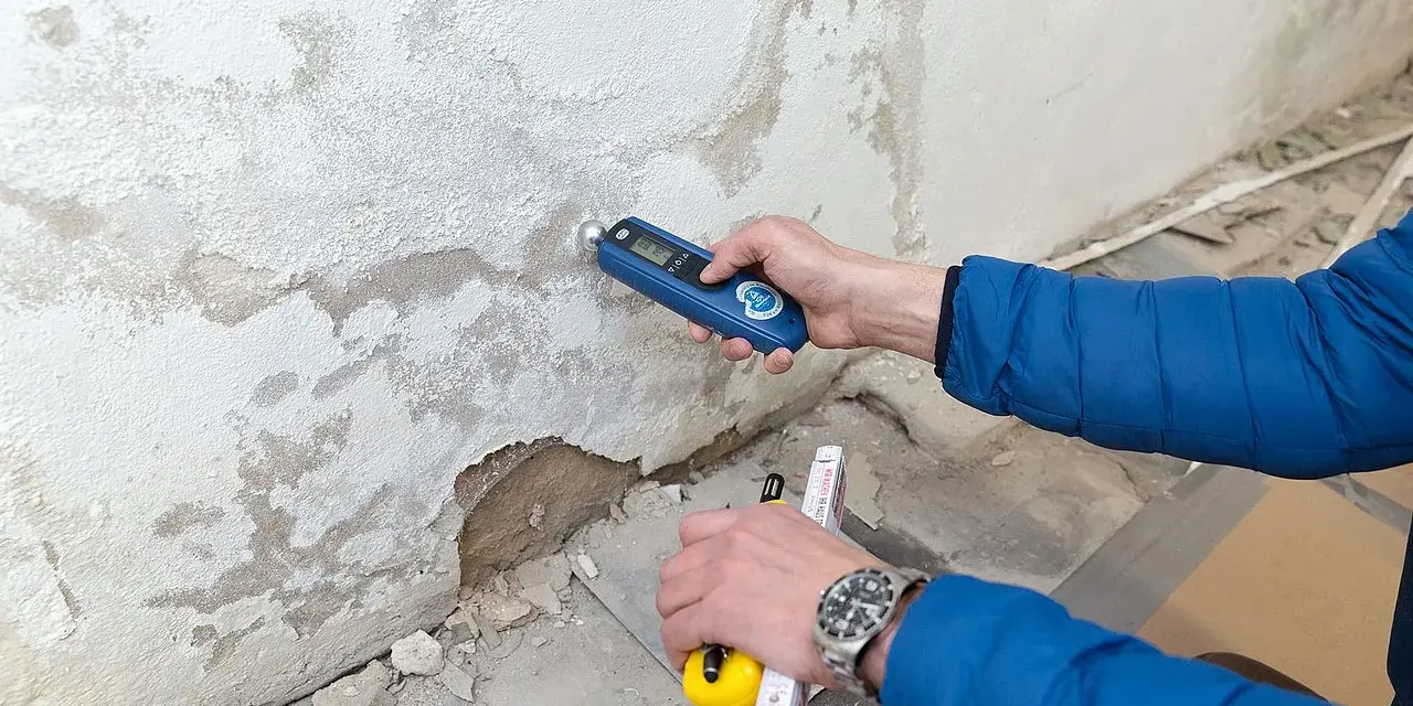 Feuchtemessung an einer Wand. Die isotec Kosten pro qm für eine Sanierung hängen vom Ausmaß des Schadens ab.