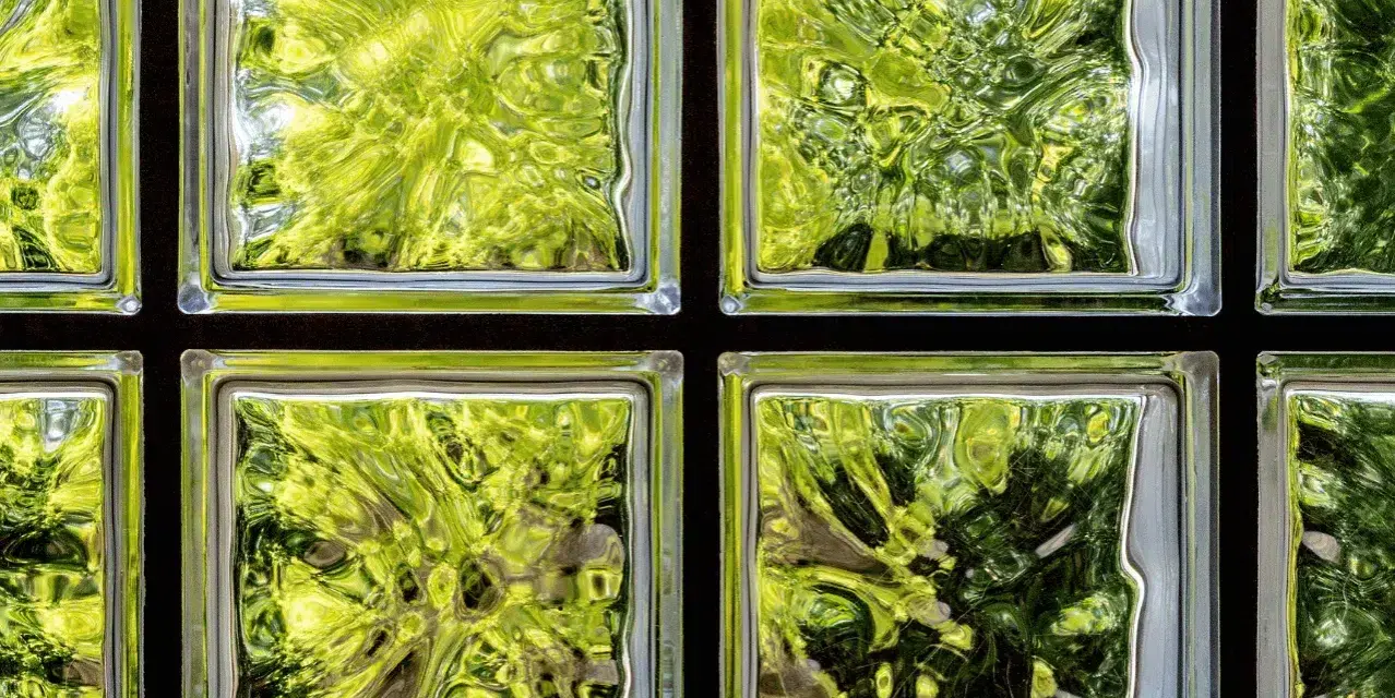 Fenster mit Glasbausteinen, die grünes Laub und Bäume durchscheinen lassen. Ideal, um alte Fenster durch moderne Glasbausteine zu ersetzen.