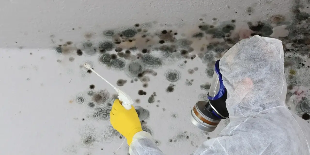 Person in Schutzanzug und Maske sprüht Schimmel an der Decke. Informieren Sie sich über die schimmel entfernen kosten.
