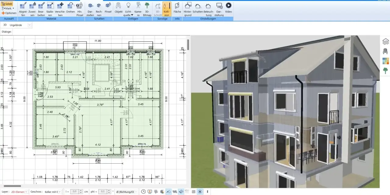 Grundriss eines Hauses mit Maßen und 3D-Ansicht. Die Software ermöglicht die Planung und Berechnung von innenputz kosten.