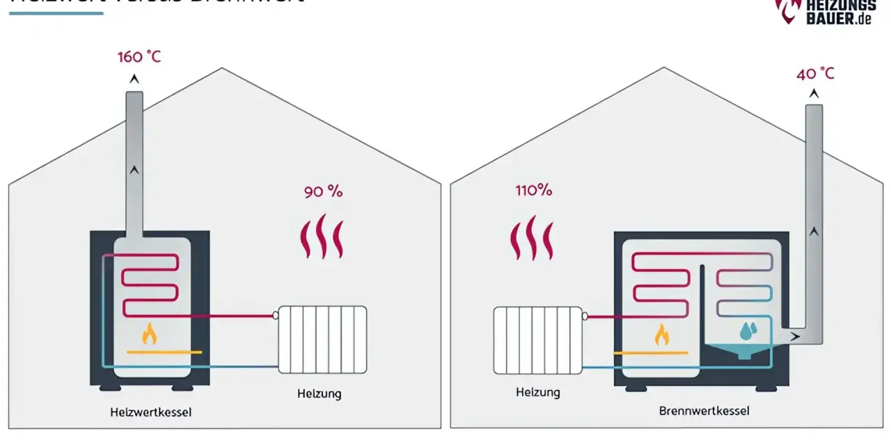 Vergleich von Heizwert und Brennwert: Ein Heizwertkessel verliert 90% Energie, ein Brennwertkessel nutzt 110% durch Kondensation.