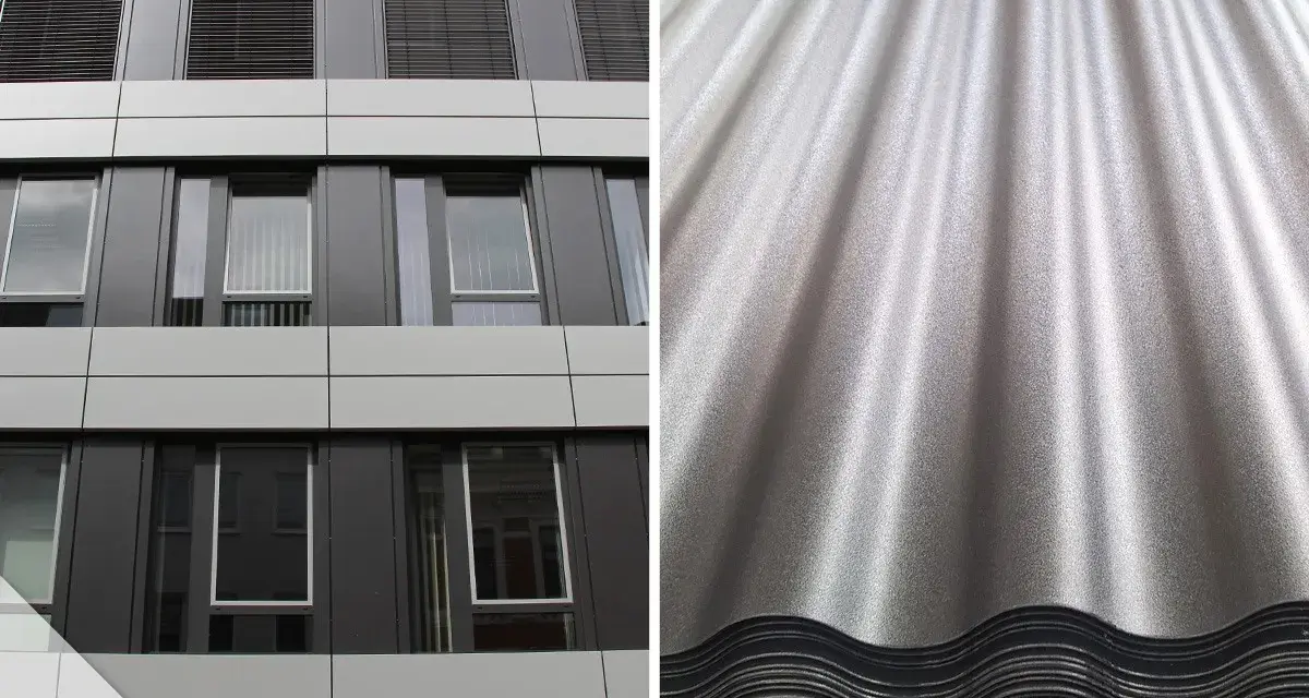 Moderne Fassade mit Fenstern und Rollläden links, rechts eine Nahaufnahme von glänzenden, gewellten Eternitplatten, die zum Streichen bereit sind.