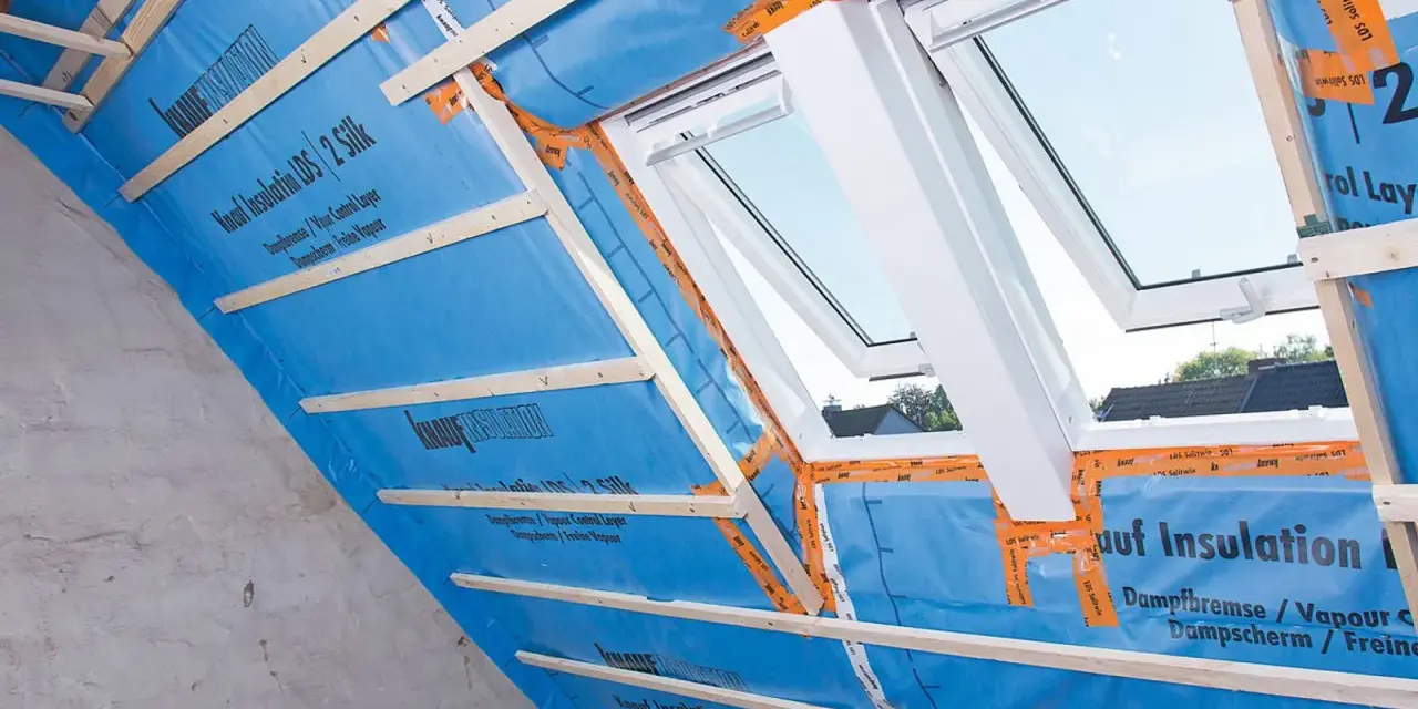 Konterlattung auf blauer Dampfbremse, die für die Dachisolierung vorbereitet wird. Dachfenster sind eingebaut.