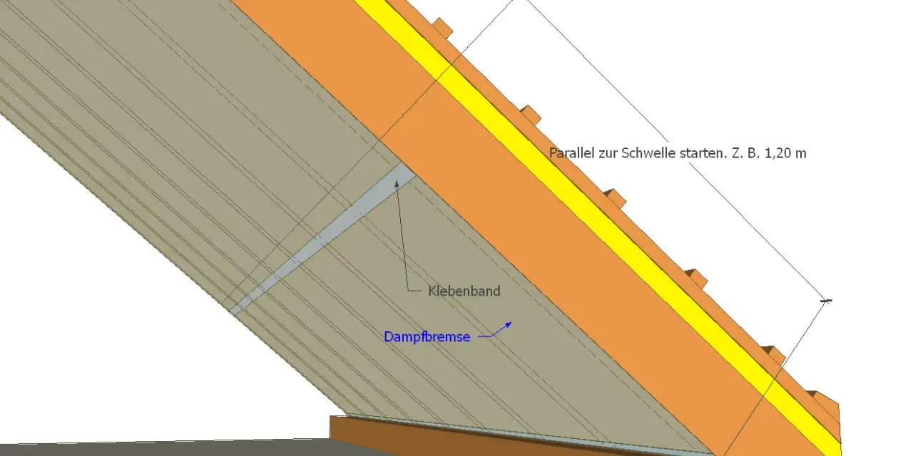 Detailansicht einer Dachkonstruktion. Eine Dampfbremse aus OSB-Platten wird mit Klebeband befestigt, um Feuchtigkeit im Dach zu regulieren.