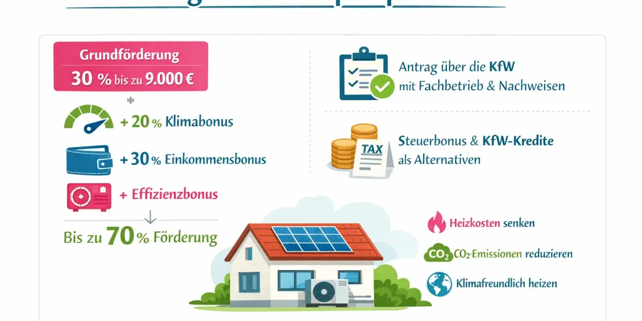 Fördermöglichkeiten für Wärmepumpen: Bis zu 70% Zuschuss, Klimabonus, Einkommensbonus, Effizienzbonus. Senkt Heizkosten und CO2-Emissionen.