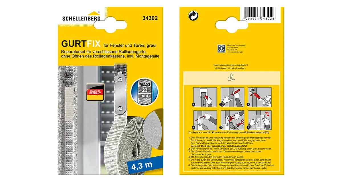 Reparaturset für Rollladengurte. Mit diesem Set können Sie den Rollladengurt austauschen, ohne den Rollladenkasten öffnen zu müssen. Die Kosten für den Austausch sind somit gering.