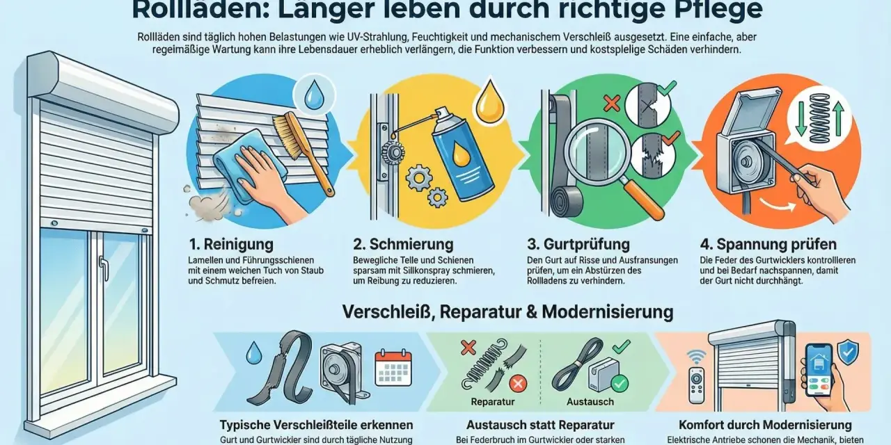Illustrationen zeigen, wie man einen Rollladen reinigt, schmiert, den Gurt prüft und die Spannung einstellt, um den Rollladen zu reparieren und seine Lebensdauer zu verlängern.