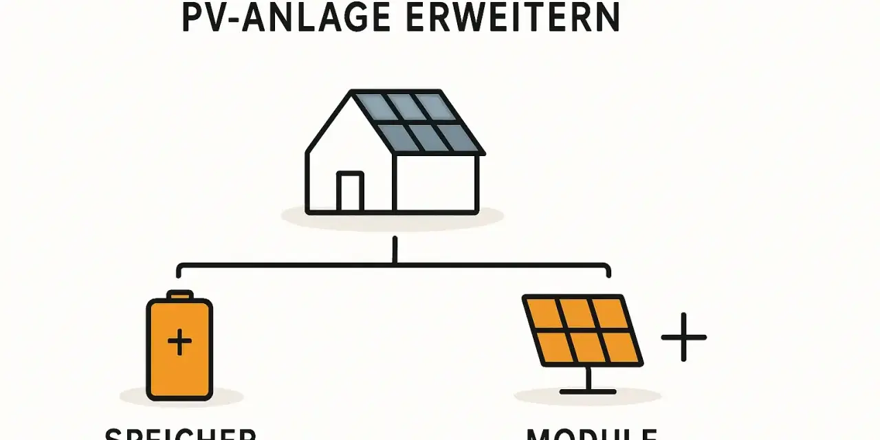 Schema zeigt, wie man eine PV-Anlage erweitern kann: Haus mit Solarmodulen, daneben ein Speicher und ein weiteres Modul.