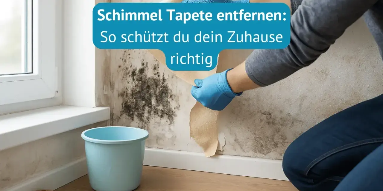 Hände mit blauen Handschuhen ziehen eine schimmelige Tapete ab. Ein blauer Eimer steht daneben.