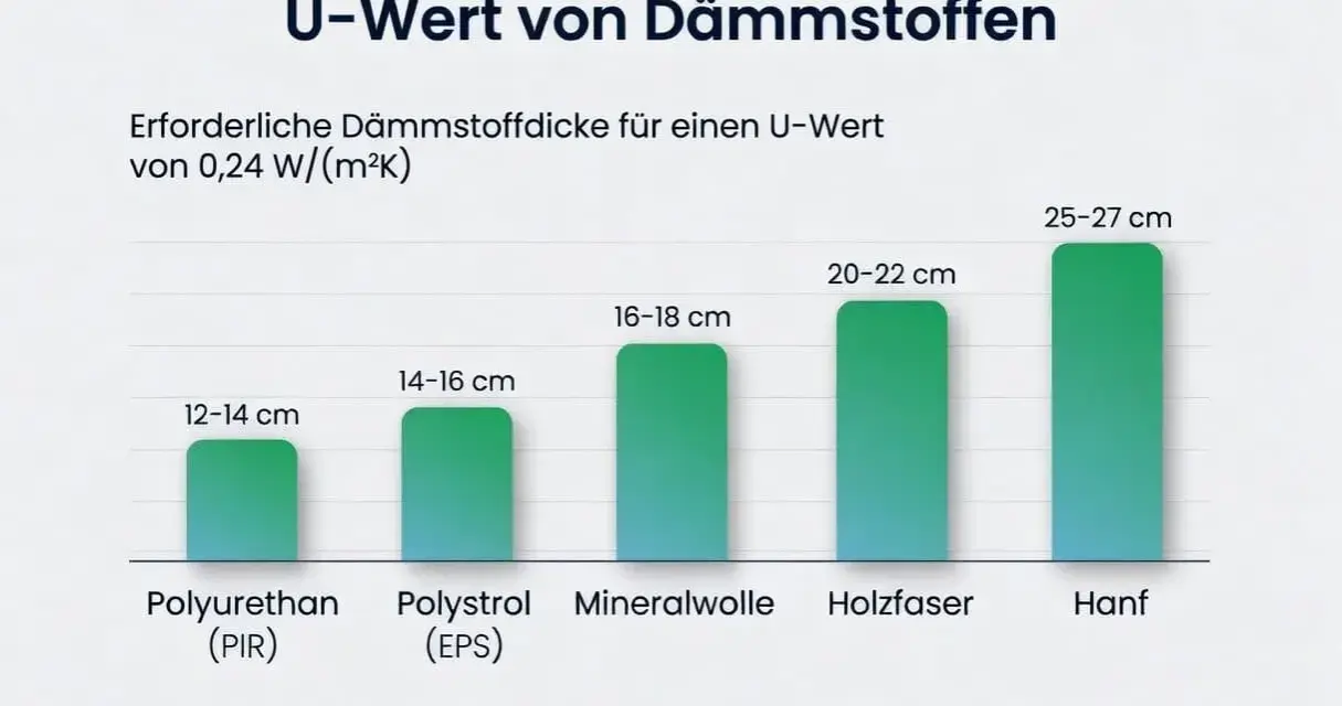 Balkendiagramm zeigt, wie dick Dämmstoffe für einen guten U-Wert am Dach sein müssen. Hanf benötigt die größte Dicke.