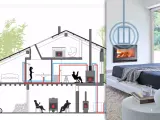 Heizsystem mit Gasheizung und Kaminofen an einem Schornstein, das Wärme im Haus verteilt.