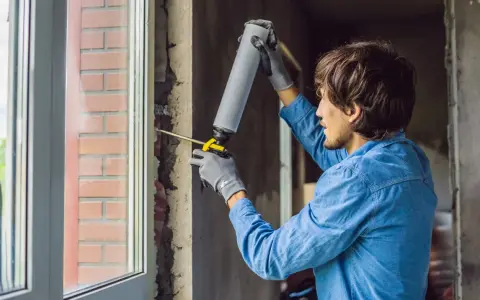 Mann mit Handschuhen und Schaumpistole dichtet den Rahmen für den Fenstertausch ab.