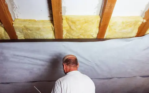 Mann dichtet das Dach von innen ab, indem er Dämmmaterial und eine Folie anbringt.