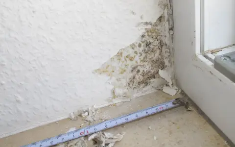 Schimmel im Bad: Feuchtigkeit hat die Tapete an der Ecke beschädigt und dunkle Flecken hinterlassen. Ein Maßband liegt daneben.