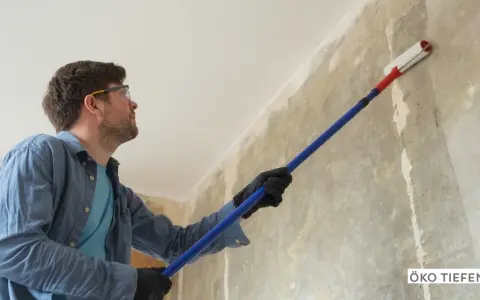 Mann mit Schutzbrille trägt mit langem Stiel und Rolle Öko Tiefengrund auf eine rohe Wand auf.