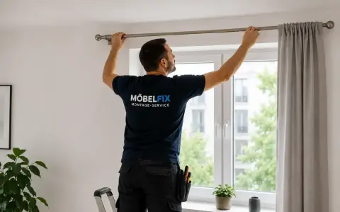 Mann bringt eine Gardinenstange an. Er steht auf einer Leiter und richtet die Stange über dem Fenster aus.